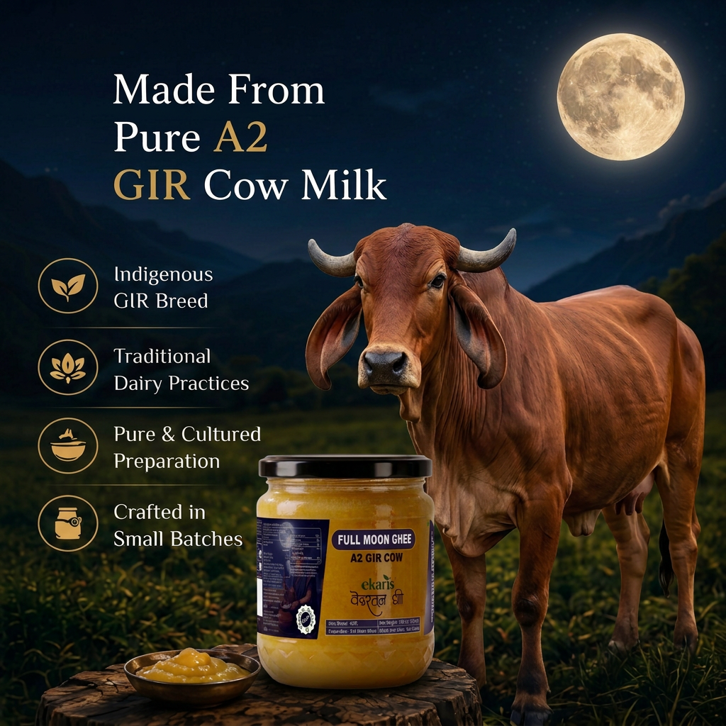 पारंपरिक बिलोना विधि से बना Ekaris Full Moon Ghee: पूर्णिमा की शुद्ध परंपरा का अनुभव।