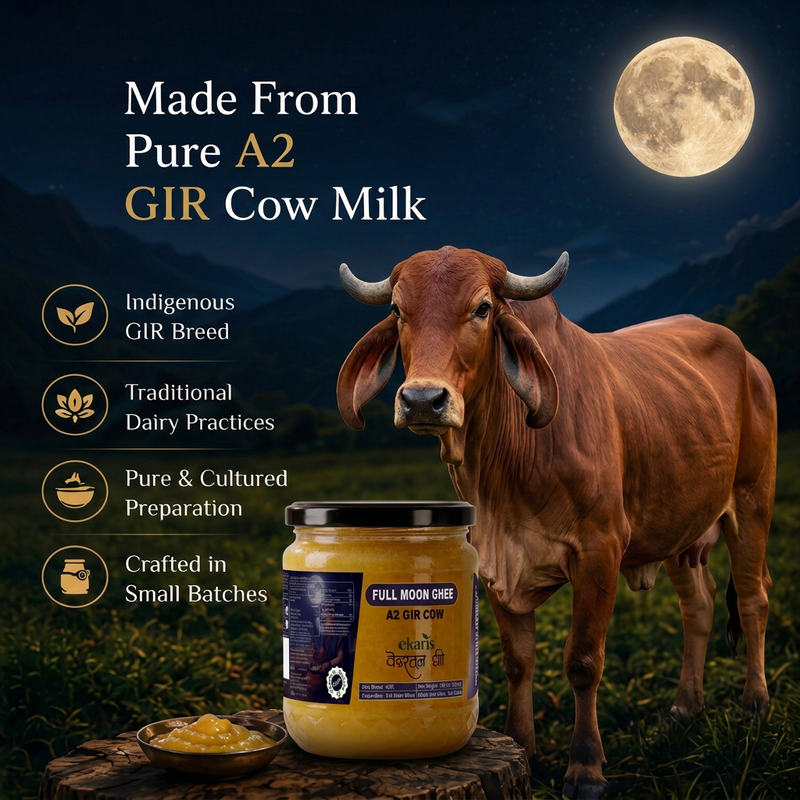 पारंपरिक बिलोना विधि से बना Ekaris Full Moon Ghee: पूर्णिमा की शुद्ध परंपरा का अनुभव।