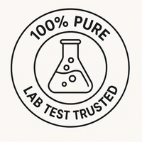 100% Pure Lab Test Trusted quality assurance badge icon with laboratory flask symbol
