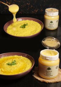 Best A2 Cow Ghee in India by Ekaris VedRatna served with khichdi and pure bilona desi cow ghee container jars