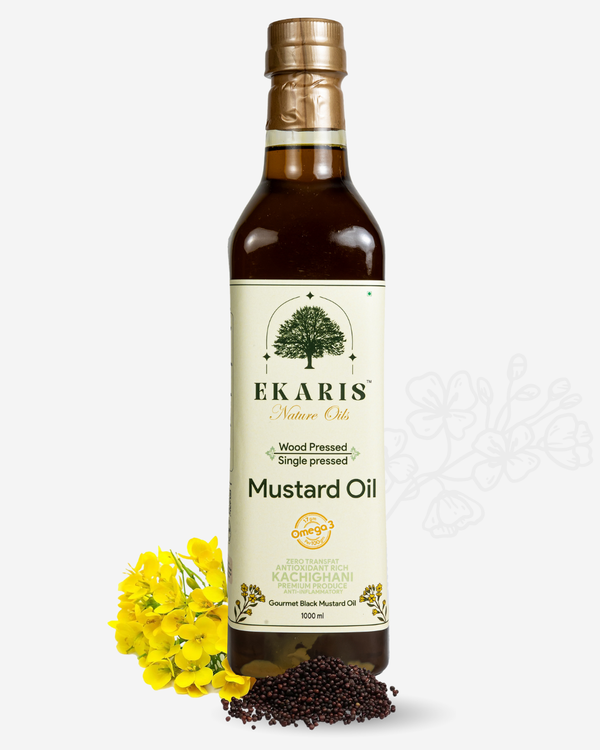 Best Mustard Oil Brand in India - Ekaris Wood Pressed Black Mustard Oil 1000ml Kachighani Omega 3
