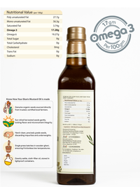 Best Mustard Oil in India - Ekaris Wood Pressed Mustard Oil Nutritional Value Omega 3 17gm Per 100gm Single Press