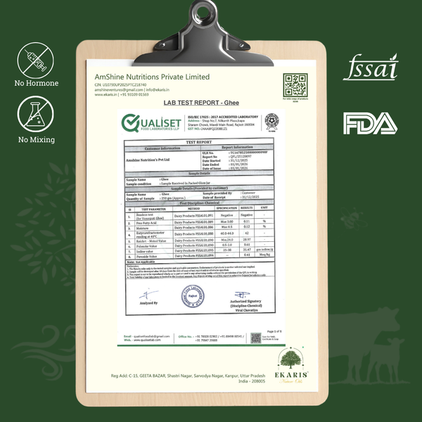 Ekaris A2 cow Ghee Lab Test FSSAI FDA Certified - Best A2 Ghee in India