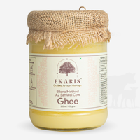 Ekaris Bilona Method A2 Sahiwal Cow Ghee in a glass jar with jute cover