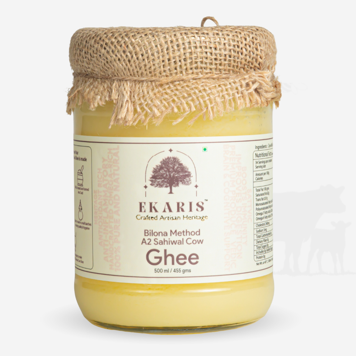 Ekaris Bilona Method A2 Sahiwal Cow Ghee in a glass jar with jute cover