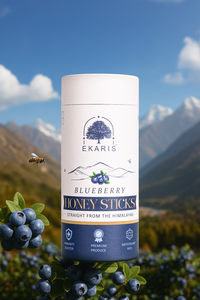 Ekaris Blueberry Honey Sticks with Himalayan Mountain Background – Pure Organic Honey Straight From The Himalayas with Fresh Blueberries


