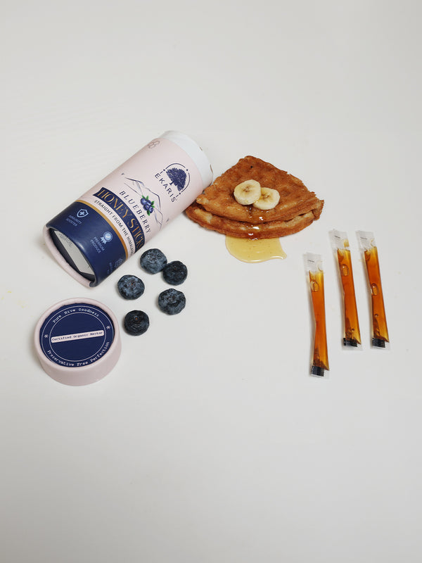 Ekaris Blueberry Honey Sticks with Fresh Blueberries and Pancakes – Pure Organic Single Serve Honey Sticks Lifestyle Image

