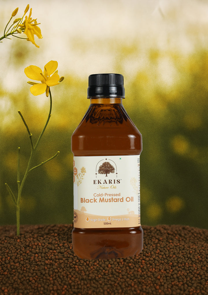 Best Cold Pressed Black Mustard Oil in India - Ekaris 500ml with Mustard Flowers