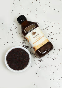 Best Cold Pressed Black Mustard Oil in India - Ekaris Bottle with Fresh Black Mustard Seeds