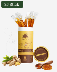 Ekaris Ginger Honey Sticks 25 stick pack with ginger root, honeycomb and wooden spoon on light background
