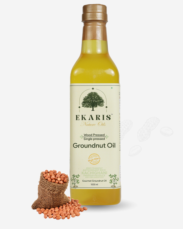 Ekaris Wood Pressed Single Pressed Groundnut Oil 1000ml Kachighani bottle with jute bag of raw peanuts on white background