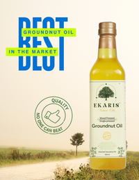  Ekaris Wood Pressed Groundnut Oil bottle with Best Groundnut Oil in the Market and Quality No One Can Beat promotional text