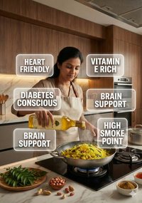 Woman cooking poha with Ekaris Groundnut Oil showing heart friendly, vitamin E rich, diabetes conscious, brain support and high smoke point benefits