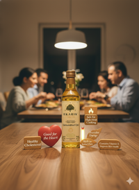 Ekaris Groundnut Oil bottle on dining table with family in background showing healthy cholesterol, good for heart, vitamin E and high heat cooking benefits