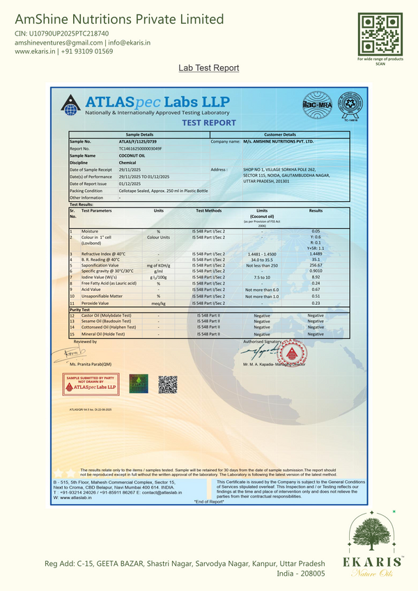 Ekaris Groundnut Oil lab test report by ATLASpec Labs LLP NABL certified nationally and internationally approved testing laboratory