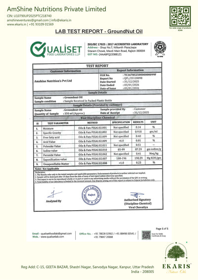 Ekaris Groundnut Oil lab test report by Qualiset Food Laboratories showing FSSAI certified quality parameters and chemical test results