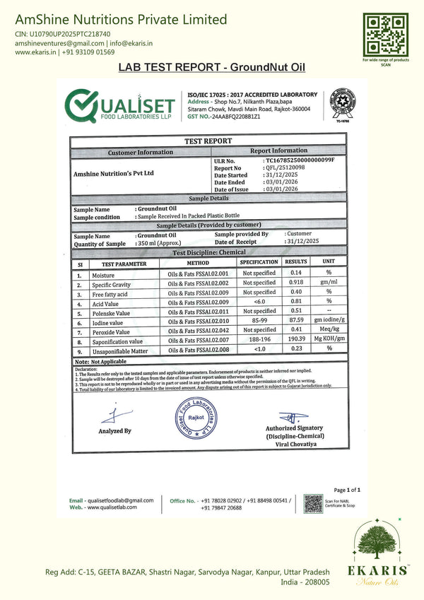 Ekaris Groundnut Oil lab test report by Qualiset Food Laboratories showing FSSAI certified quality parameters and chemical test results