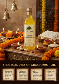 Ekaris Wood Pressed Groundnut Oil bottle on decorated temple thali with diyas, marigold flowers and peanuts showing spiritual uses