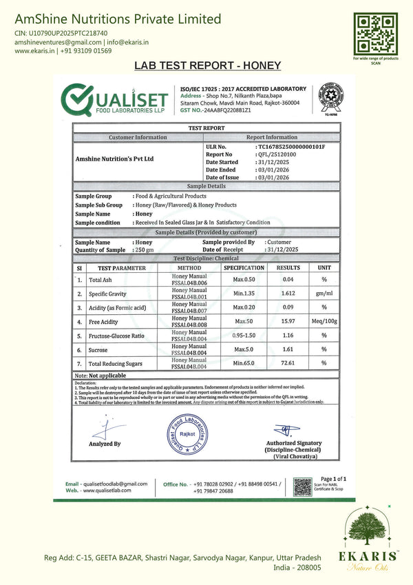 Ekaris Pure Natural Honey Lab Test Report 2024 - ISO IEC 17025 Certified Qualiset Food Laboratory Certificate

