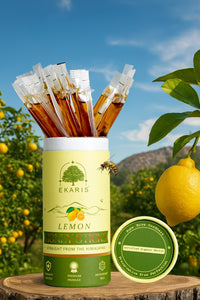 Ekaris Organic Honey Lemon Flavored Sticks placed on wood stump in lemon orchard with Himalayan background