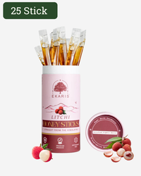 Ekaris Organic Honey Litchi Flavored Sticks 25 stick pack with certified organic nectar lid and fresh litchi fruits