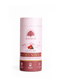 Ekaris Litchi Honey Sticks tube side view with immunity booster premium produce antioxidant rich icons on clean background