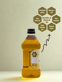 Ekaris Yellow Mustard Oil bottle with benefits infographic: unrefined purity, omega-3 rich, zero trans-fat, vital nutrients, heart friendly oils, natural aroma