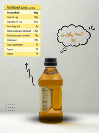 Ekaris Yellow Mustard Oil labeled as Healthy Heart Oil with full nutritional value chart