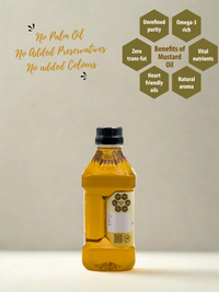 Ekaris Yellow Mustard Oil with text: No Palm Oil, No Added Preservatives, No Added Colours, and mustard oil benefits hexagon graphic