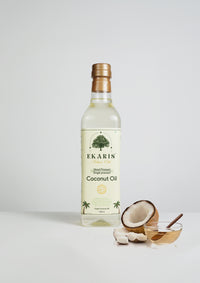 Ekaris Nature Oils Wood Pressed Single Pressed Kachighani Virgin Coconut Oil 500ml – Glass Bottle with Fresh Coconut and Oil Bowl