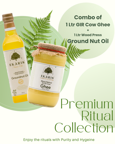 Ekaris Premium Ritual Combo of 1 litre A2 Gir Cow Ghee and 1 litre Wood-Pressed Groundnut Oil with fern leaves