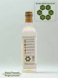 Ekaris Wood Pressed Single Pressed Coconut Oil bottle showing 6 benefits – Unrefined Purity, Lauric Rich, Zero Trans Fat, Vital Nutrients, Heart Friendly Oils, Natural Aroma