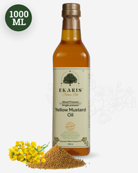 Ekaris Wood Pressed Single Pressed Yellow Mustard Oil 1000ml Kachighani bottle with yellow mustard flowers and seeds on white background
