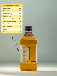 Ekaris Yellow Mustard Oil nutritional information panel showing 900 Kcal energy and fat composition per 100g